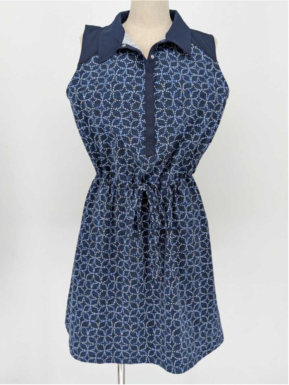 Talbots Large Navy Geometric Dot Sleeveless Shirt Dress Drawstring Waist
